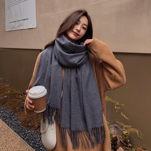 Cashmere Scarf Winter Scarf Women's Shawl Thickened Warm Tassel Scarf -65*185cm-grey Blue